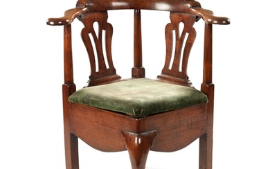 A MID 18TH CENTURY WALNUT CORNER COMMODE CHAIR OF FINE COLOU...
