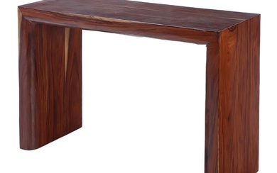 A MID CENTURY MODERN CONSOLE TABLE IN STAINED CEDAR WOOD