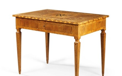 A NORTH ITALIAN WALNUT, TULIPWOOD, EBONY AND FRUITWOOD PARQUETRY WRITING-TABLE, EARLY 19TH CENTURY