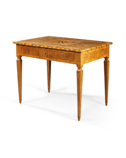 A NORTH ITALIAN WALNUT, TULIPWOOD, EBONY AND FRUITWOOD PARQUETRY WRITING-TABLE, EARLY 19TH CENTURY