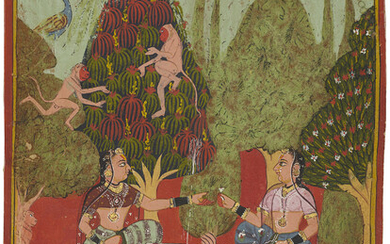 A PAINTING OF A LADY AND HER CONFIDANTE IN A GARDEN INDIA, RAJASTHAN, MEWAR, 17TH CENTURY