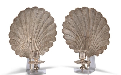 A PAIR OF 18TH CENTURY STYLE SILVER-PLATED SHELL-FORM