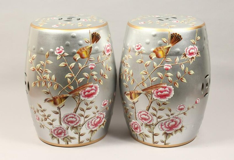 A PAIR OF CHINESE PORCELAIN BARREL SEATS, silvered
