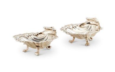 A PAIR OF GEORGE II SILVER SHELL SHAPED SALT CELLARS