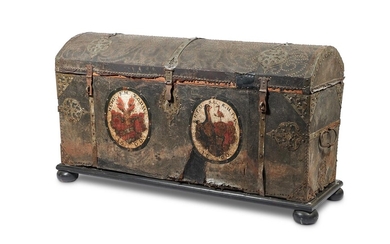 A PAIR OF GERMAN IRON MOUNTED LEATHER CHESTS, LATE 17TH CENTURY