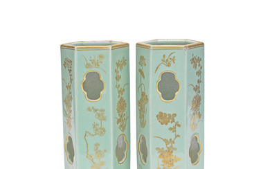A PAIR OF GILT-DECORATED CELADON-GLAZED HAT STANDS Tongzhi six-character marks...