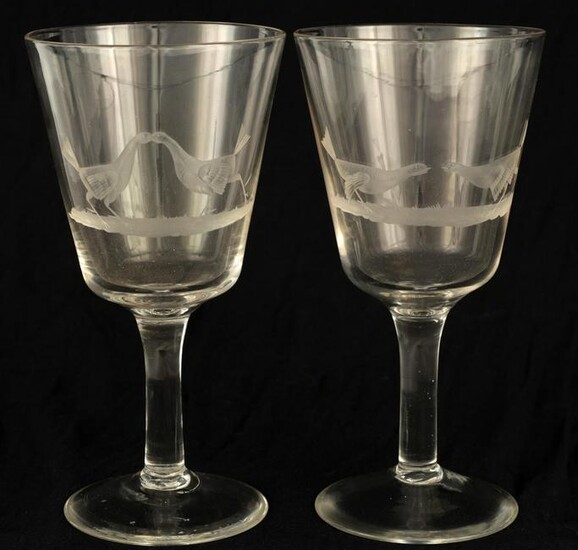 A PAIR OF LARGE 19TH CENTURY ETCHED WINE GLASSES d