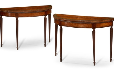 A PAIR OF LATE GEORGE III SATINWOOD, TULIPWOOD, AMARANTH AND POLYCHROME-DECORATED GAMES TABLES