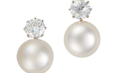 A PAIR OF NATURAL SALTWATER PEARL AND DIAMOND DROP EARRINGS in yellow gold, each set with an old ...