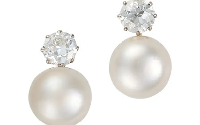 A PAIR OF NATURAL SALTWATER PEARL AND DIAMOND DROP ...