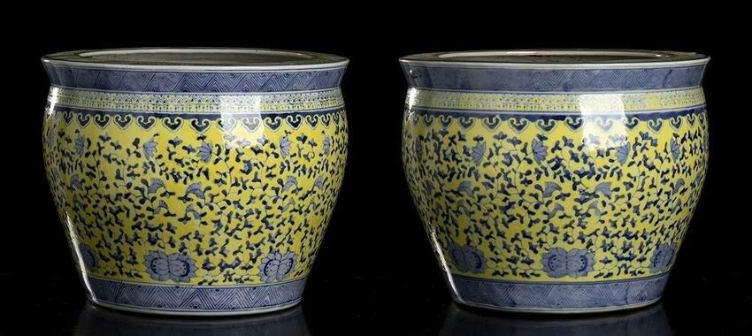 A PAIR OF POLYCHROME PORCELAIN CACHEPOTS China, 20th
