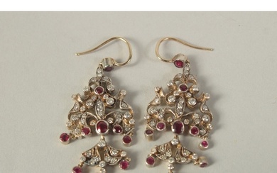 A PAIR OF RUBY AND DIAMOND DROP EARRINGS with 4ct diamonds a...