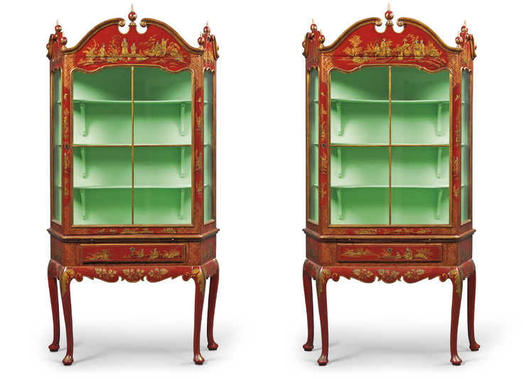 A PAIR OF SILVERED, GILT AND RED JAPANNED DISPLAY CABINETS, LATE 20TH CENTURY