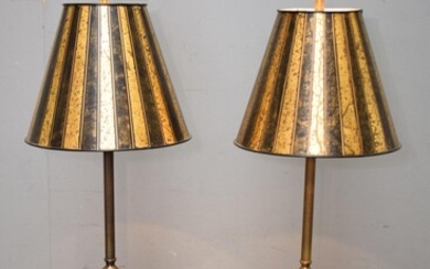 A PAIR OF TALL CLASSICAL STYLE BLACK AND GOLD TABLE LAMPS (85H CM) (LEONARD JOEL DELIVERY SIZE: MEDIUM)