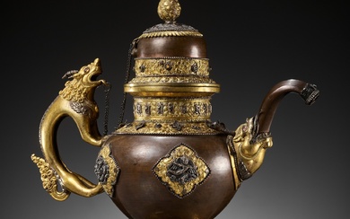A PARCEL-GILT AND SILVER-APPLIED COPPER RITUAL TEAPOT