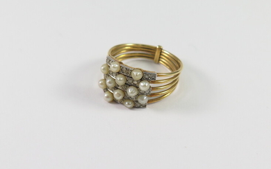 A PEARL AND DIAMOND FIVE-ROW RING