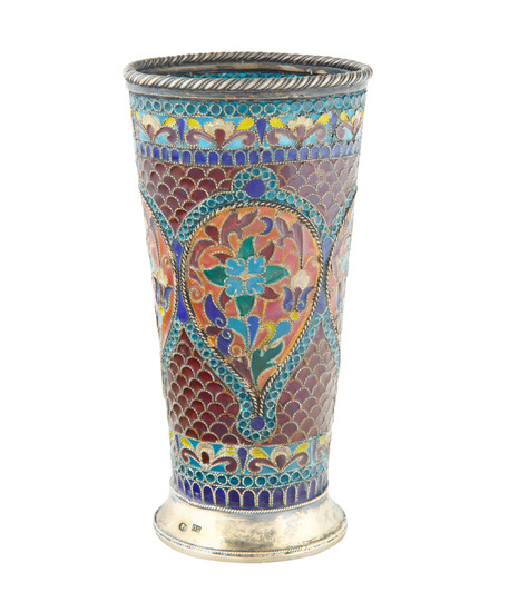 A PLIQUE A JOUR RUSSIAN SILVER AND ENAMEL CUP