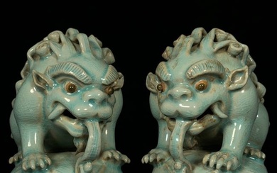 A Pair Chinese Ru Kiln Blue Glaze Mythical Beast Porcelain Statue