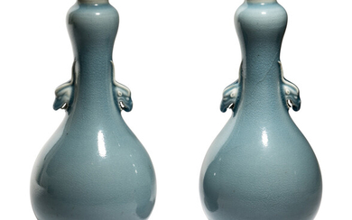 A Pair of Clair-de-Lune Glazed Porcelain 'Garlic Head' Bottle Vases