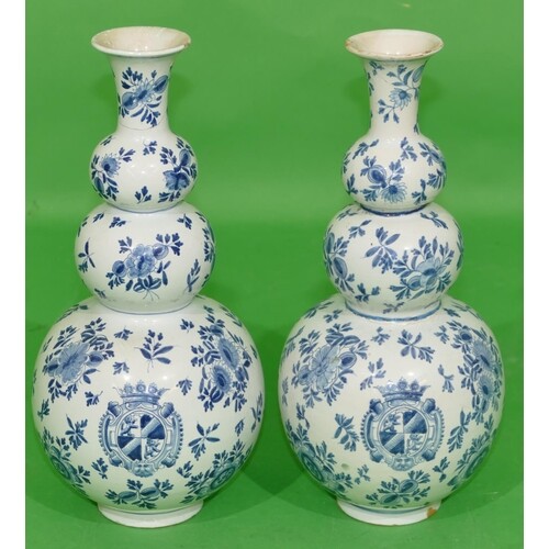 A Pair of Delft Triple Gould Blue and White Vases having cre...