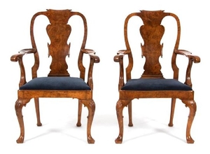 A Pair of George II Style Burl Walnut Open Armchairs