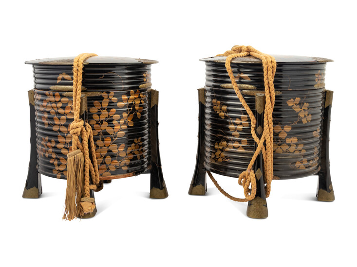A Pair of Japanese Brass Mounted Gold and Black Lacquer Storage Boxes, Karabitsu