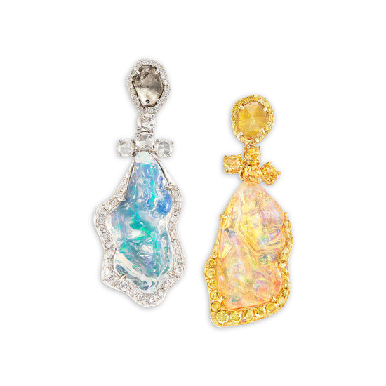A Pair of Jelly Opal and Coloured Diamond Ear Pendants