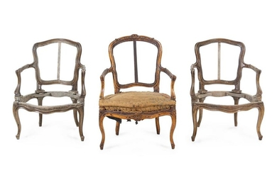 A Pair of Louis XV Fauteuils and an Associated Fauteuil