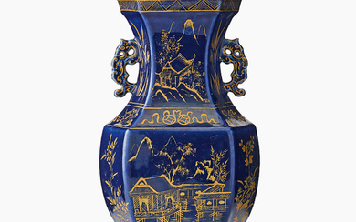 A Powder Blue and Gilt Hexagonal Bottle Vase