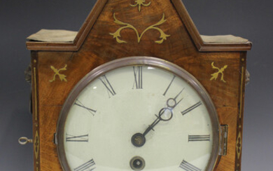 A Regency brass inlaid mahogany bracket timepiece with eight day twin fusee movement, the painted ci