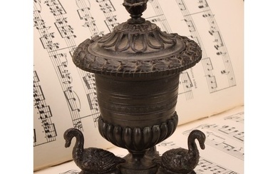 A Regency dark patinated bronze half-fluted campana inkwell,...