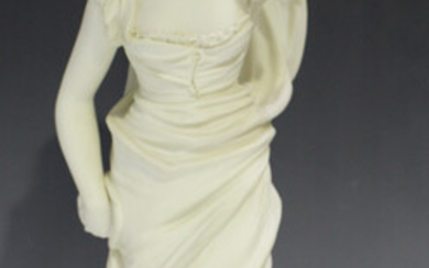 A Robinson and Leadbeater Parian figure, late 19th century, of a standing woman looking down, wearin