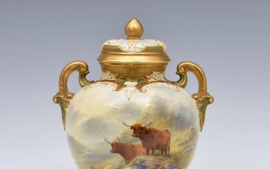 A Royal Worcester porcelain highland cattle painted globular...