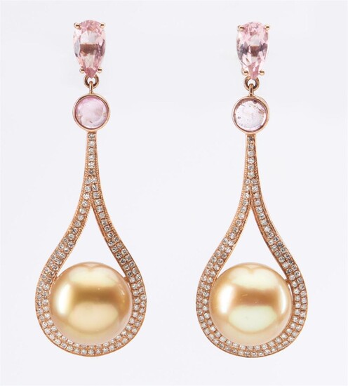 A SOUTH SEA PEARL, MORGANITE AND DIAMOND JEWELLERY SUITE IN 18CT ROSE GOLD, COMPRISING A PENDANT (LENGTH 50MM) AND A PAIR OF EARRING...