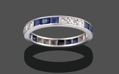A Sapphire and Diamond Eternity Ring, trios of square step...
