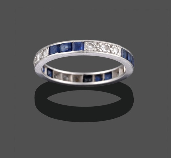 A Sapphire and Diamond Eternity Ring, trios of square step...