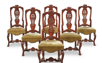 A Set of Six Anglo-Dutch William & Mary Style Carved Walnut 'Marot' Side Chairs, 19th Century