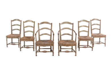 A Set of Six French Provincial Green-Painted Rush-Seat Dining Chairs