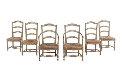 A Set of Six French Provincial Green-Painted Rush-Seat
