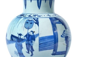 A TRANSITIONAL CHINESE BLUE AND WHITE BALUSTER VASE AND COVER17TH CENTURYPainted with court figure