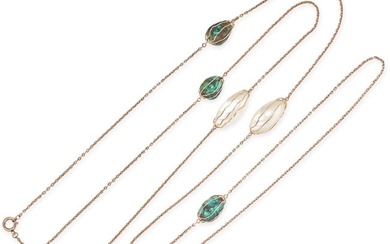 A TURQUOISE AND MOTHER OF PEARL SAUTOIR NECKLACE in 9ct yellow gold, set with four pieces of rough