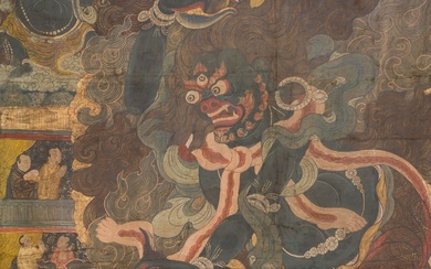 † A VERY LARGE THANGKA OF A WRATHFUL PROTECTOR AND MAHASIDDHAS, TIBET, 18TH-19TH CENTURY