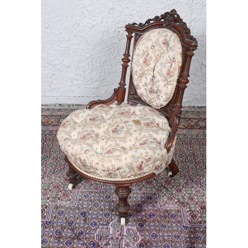 A VICTORIAN MAHOGANY UPHOLSTERED SIDE CHAIR the pierced carv...