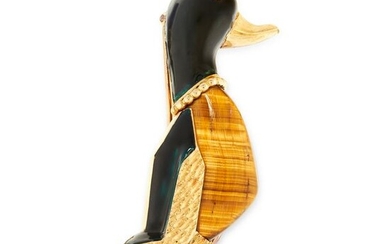 A VINTAGE TIGER'S EYE, TURQUOISE AND ENAMEL DUCK