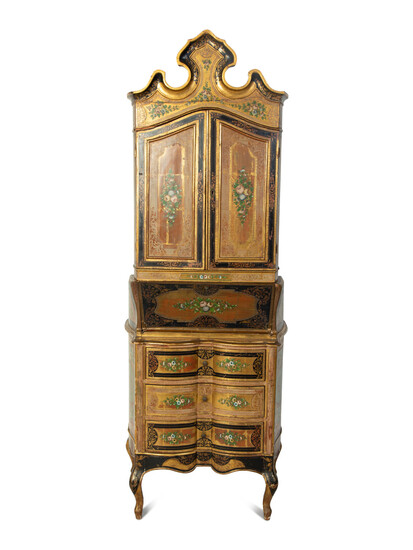 A Venetian Style Polychrome Lacquered Secretary Bookcase