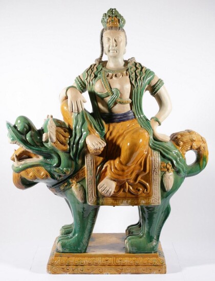 A Very Large Ceramic Tang Sancai Style Figure Of Guanyin On Temple Dog (H:91 W:70 D:26cm)
