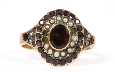 A Victorian gold garnet and split pearl cluster