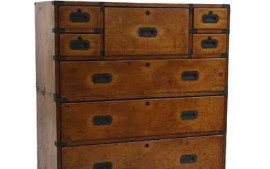 A brass mounted and teak campaign secretaire chest