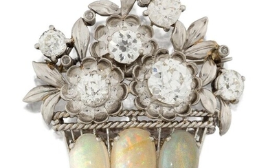 A diamond and opal flower basket brooch, the basket set with three oval cabochon opals to a floral bouquet mounted with six old brilliant-cut diamonds, the largest weighing approximately 1.50 carats, the smallest weighing approximately 0.35 carats...