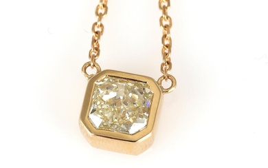 A diamond necklace with a pendant set with a hexagon-cut diamond weighing...